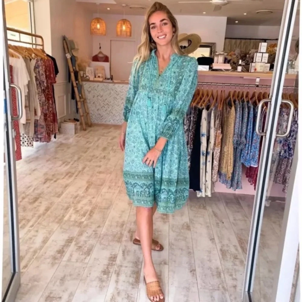 SOLD OUT Aqua Bohemian Floral Camel Long Sleeve Bohemian Gypsy Dress - Picture 2 of 5